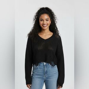 MIROH Black Distressed Knit Crop Sweater Women’s Size Small Shredded Grunge Top